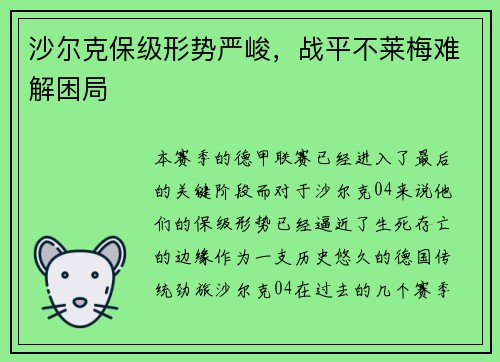 沙尔克保级形势严峻，战平不莱梅难解困局