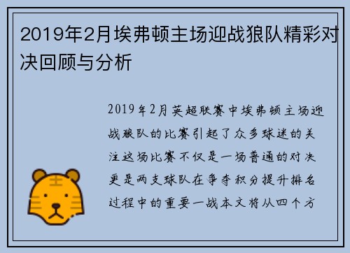 2019年2月埃弗顿主场迎战狼队精彩对决回顾与分析