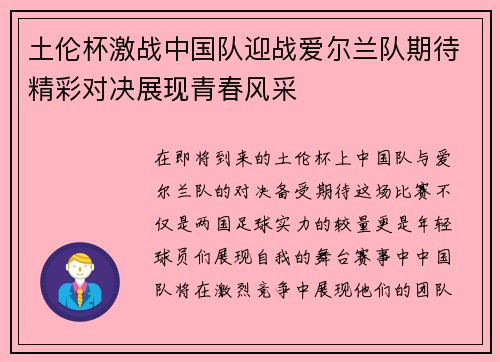 土伦杯激战中国队迎战爱尔兰队期待精彩对决展现青春风采