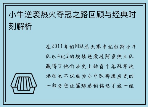 小牛逆袭热火夺冠之路回顾与经典时刻解析