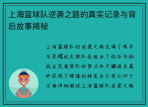 上海篮球队逆袭之路的真实记录与背后故事揭秘